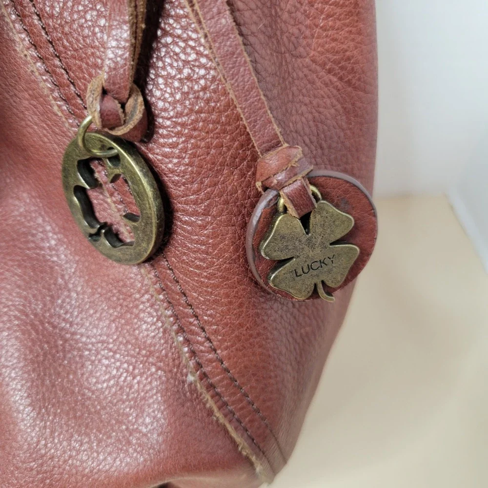 Lucky Brand Brown Leather Hobo Bag Braided Handle Crossbody Cognac Clover Charm
